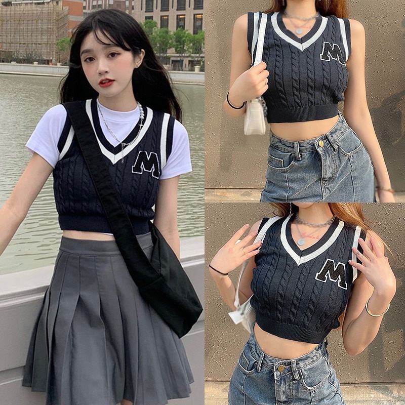 Áo Croptop Sát Nách Cổ Chữ V Thêu Chữ Màu Sắc Tương Phản Phong Cách Hàn Quốc Cho Nữ