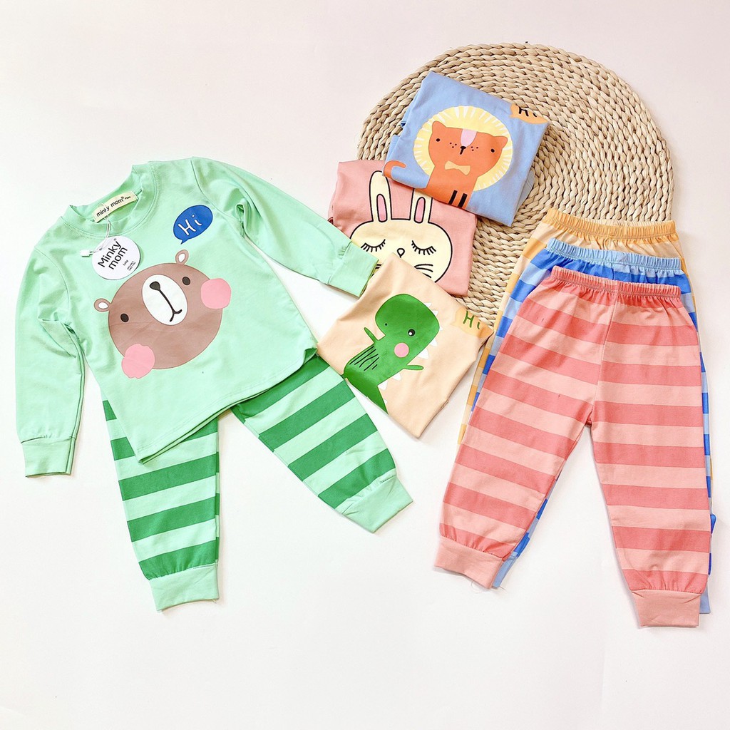 Bộ Cotton 100%  Minky mom in hình thú quần sọc cho bé trai và bé gái