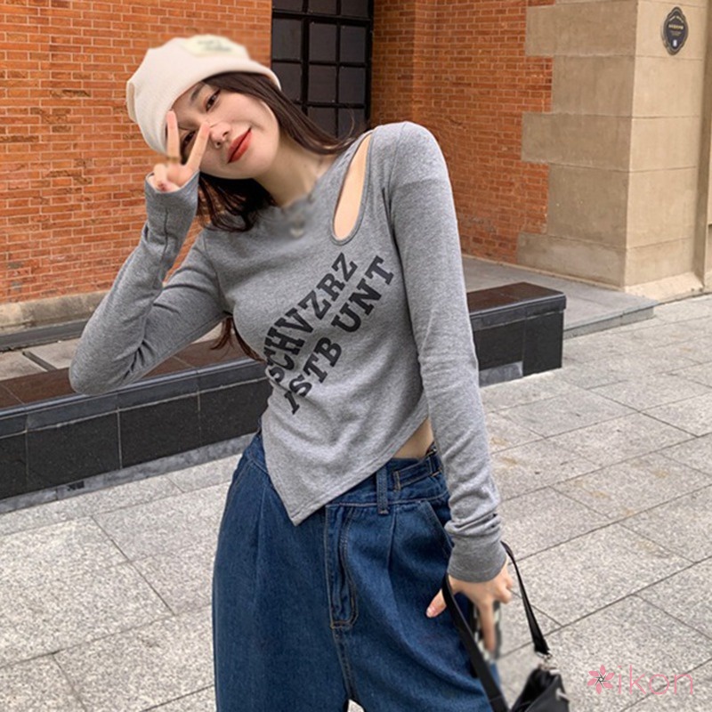 Áo Thun Lửng Tay Dài In Chữ Trẻ Trung Cho Nữ