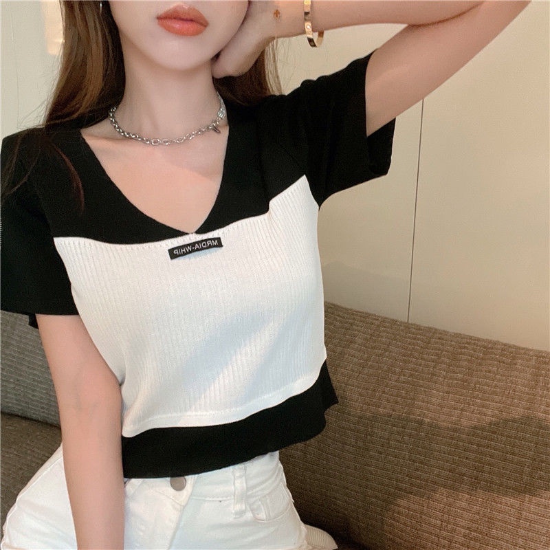 Áo Thun Tay Ngắn Cổ Chữ v Thiết Kế Giả Hai Lớp Chất Liệu Lụa Lạnh Thời Trang Cho Nữ Áo phông Nữ NZ-TX-29