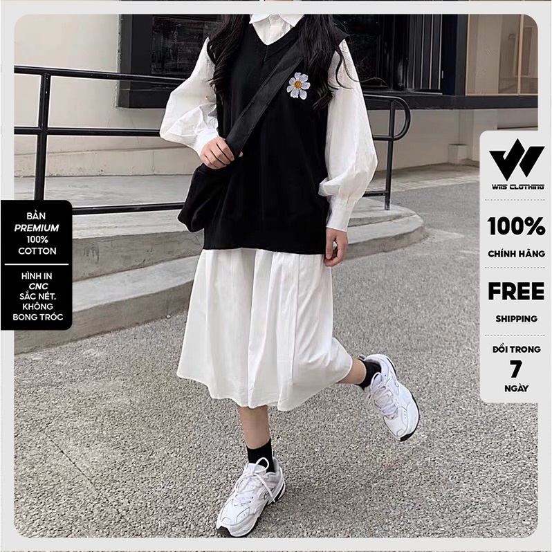 Áo gile unisex WIIS form rộng Thêu Hoa Cúc ,áo kiểu nam nữ oversize ulzzang