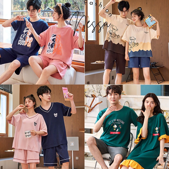 Bộ Đồ Ngủ Đôi Mặc Ở Nhà Vải Cotton Co Giãn 4 Chiều - Pijama Quần Áo Cặp Đôi Cộc Tay Váy Mùa Hè Xuân Đi Chơi Biển BĐN86