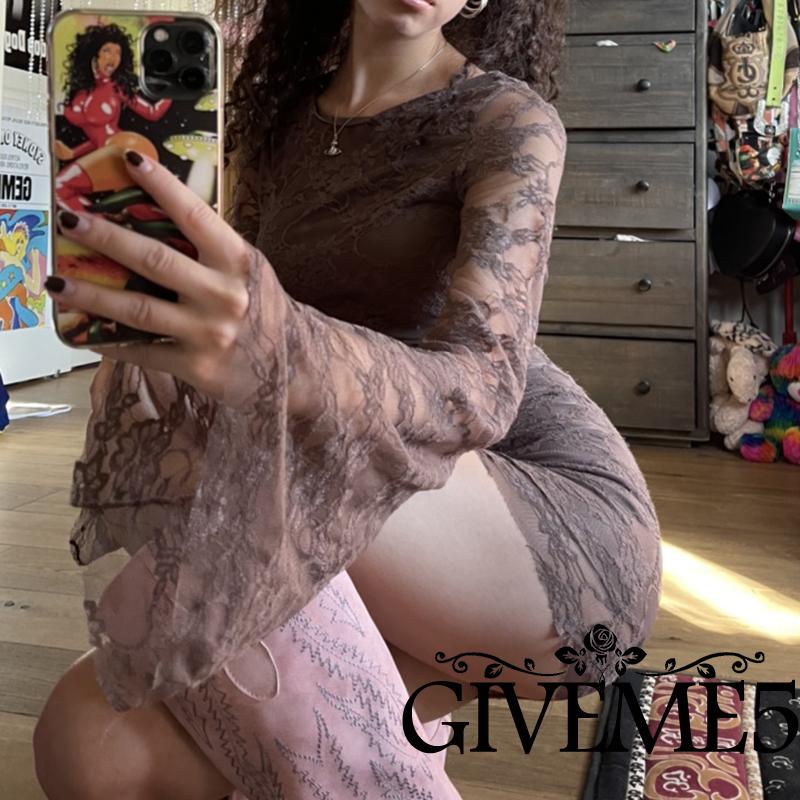 Đầm tay dài ống loe in hoa Y2K Vintage quyến rũ cho nữ