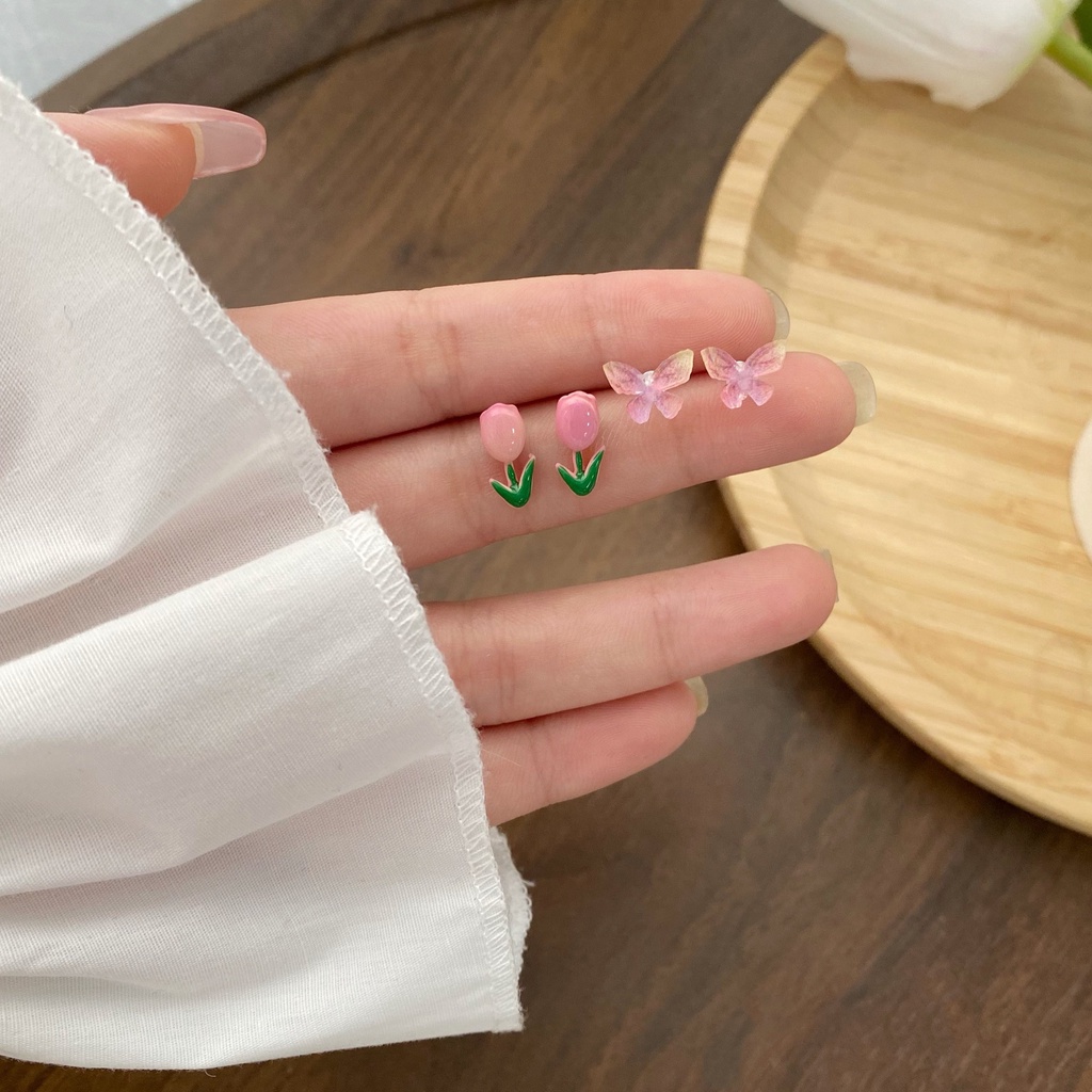 IF ME Set 6 đôi khuyên tai   kiểu hoa tulip/ ngọc trai thời trang cho nữ với nhiều màu tùy chọn