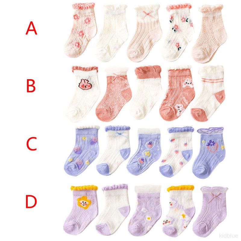 Bộ 5 Đôi Vớ Cotton Mỏng Phối Ren In Hoa Hoạt Hình Thời Trang Xuân Thu Cho Bé Gái