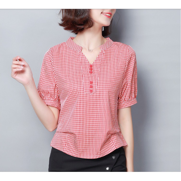 Áo Sơ Mi Nữ Kẻ Caro Đỏ, Áo Nữ Công Sở Ngắn Tay Cổ Tim, Dáng Đẹp Kiểu Hàn Quốc, Min Cloth
