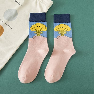 Tất nữ vớ nữ cổ cao chất liệu cotton mềm mại in họa tiết hoạt hình phong cách Hàn Quốc