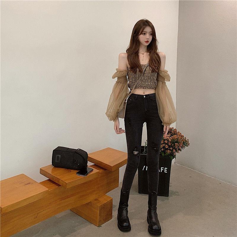 Áo Sơ Mi Chiffon Trễ Vai Phối Lưới Phong Cách Hàn Quốc Thời Trang Mùa Thu Mới Cho Nữ