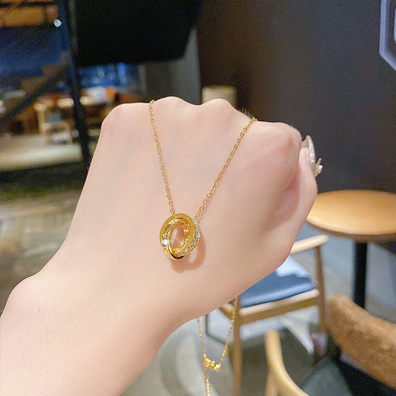 XiaoboACC Dây chuyền thép titan mặt tròn đính đá zircon 18K chống dị ứng dài - 38CM+6.5CM