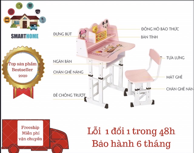 Bàn ghế học sinh,bàn ghế thông minh tùy chỉnh cao thấp cho bé,có đồng hồ,giá sách và bàn tính. | BigBuy360 - bigbuy360.vn