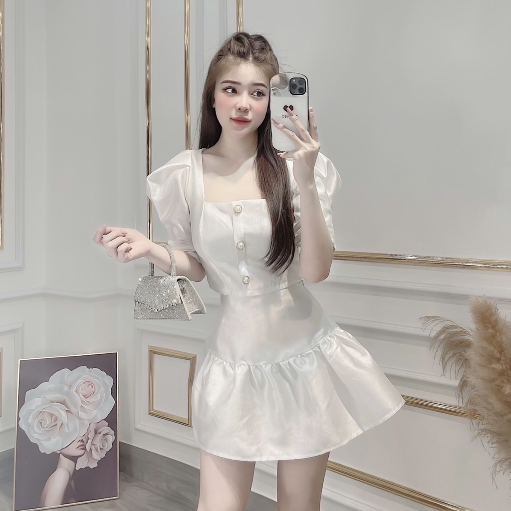 Set chân váy tacta tay bồng, khuy đá mix chân váy tiểu thư 2 màu