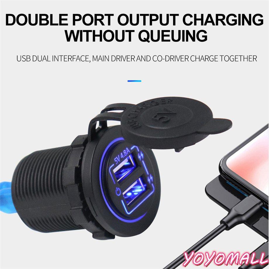 YOYO Dual Port Input USB Car Charger Socket 4.8A 5V Blue Light Touch Button Switch