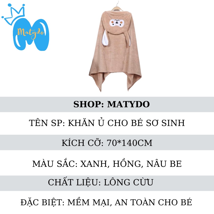 Khăn ủ tắm cho bé MATYDO vải nỉ bông mềm mại thoáng khí thấm hút cao cấp giữ ấm cho trẻ sơ sinh mùa đông kèm mũ thú
