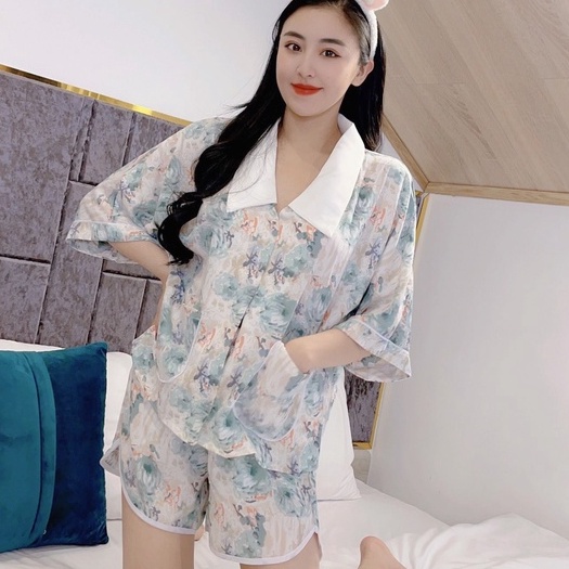 Bộ đồ nữ lụa mango mặc nhà cổ sen quần dài, đùi tay lửng cánh dơi freesize 179