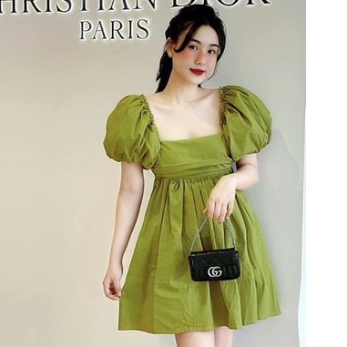 Váy babydoll cổ vuông tay phồng xếp li ngực nơ lưng, váy nữ freesize LP1 | BigBuy360 - bigbuy360.vn