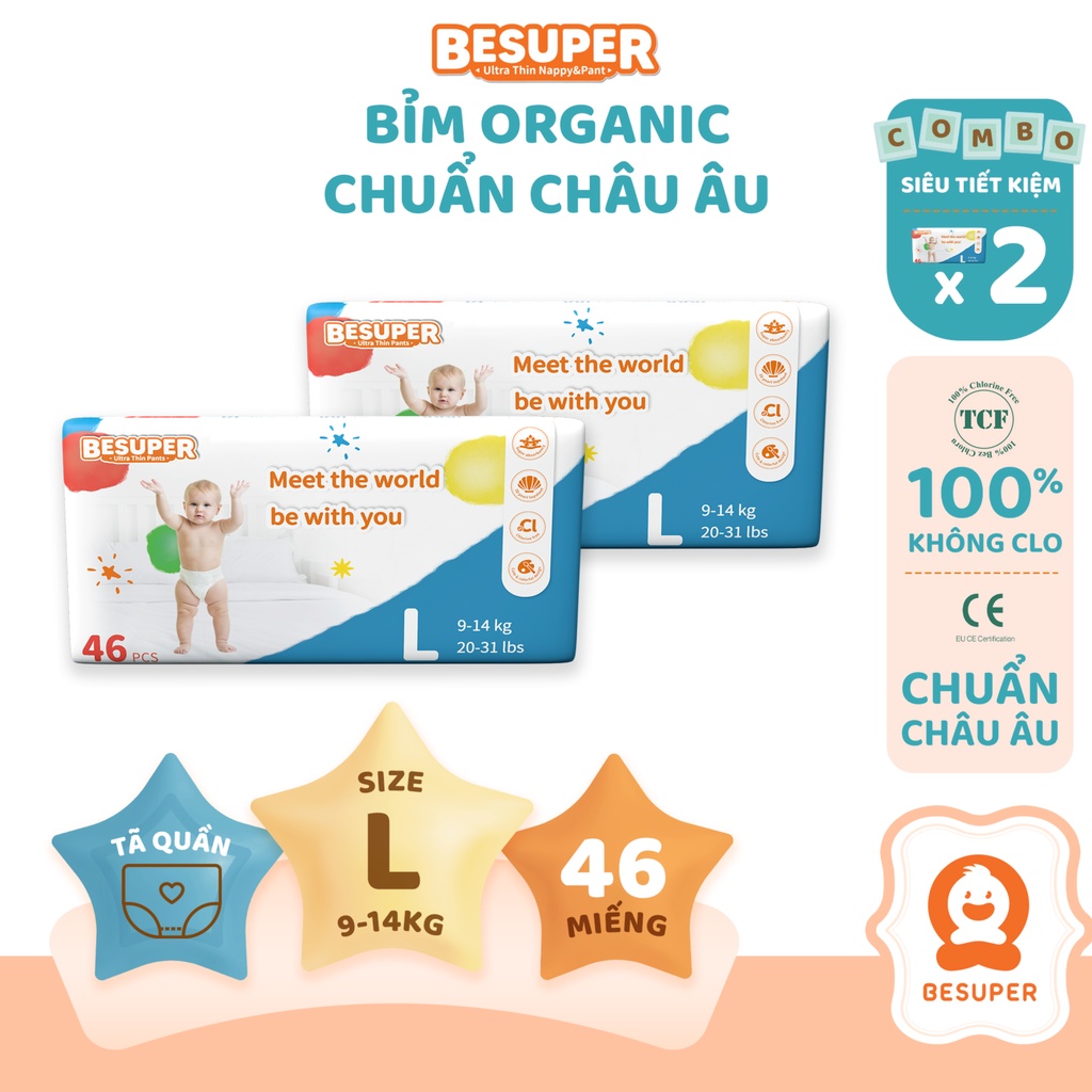 Tã Quần BESUPER Siêu Mỏng Size L46 (9-14kg) Combo 2 Bỉm Chống Tràn Hiệu Quả Chuẩn Châu Âu