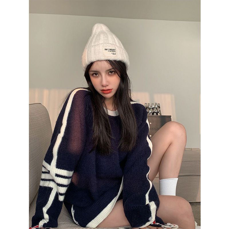Áo Sweater Cổ Tròn Họa Tiết Kẻ Sọc Màu Sắc Tương Phản Thời Trang Xuân Thu 20212