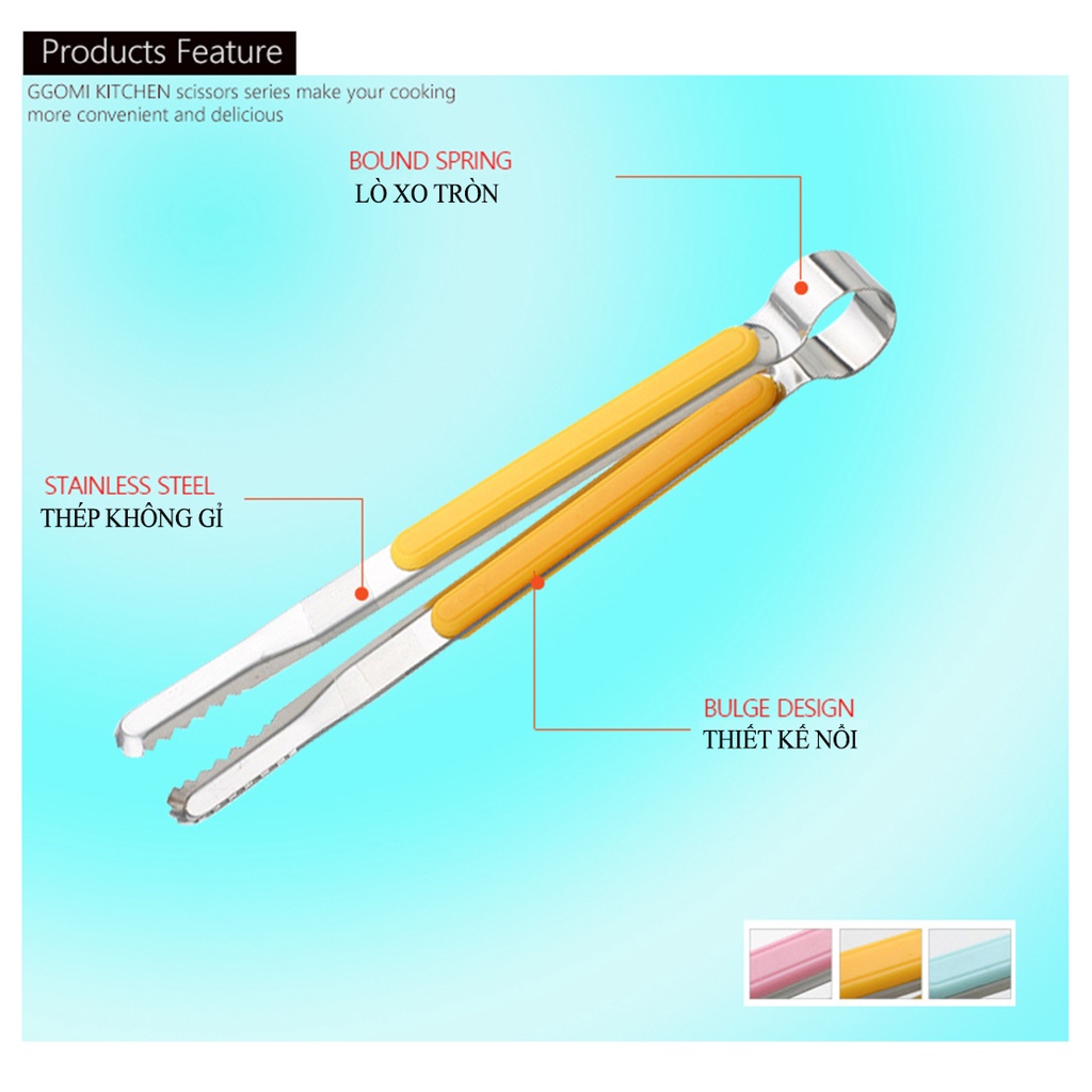 [HÀNG CHÍNH HÃNG]Kẹp gắp thức ăn đa năng màu sắc pastel bằng thép không gỉ an toàn cho sức khỏe mọi cỡ GGOMi Hàn Quốc