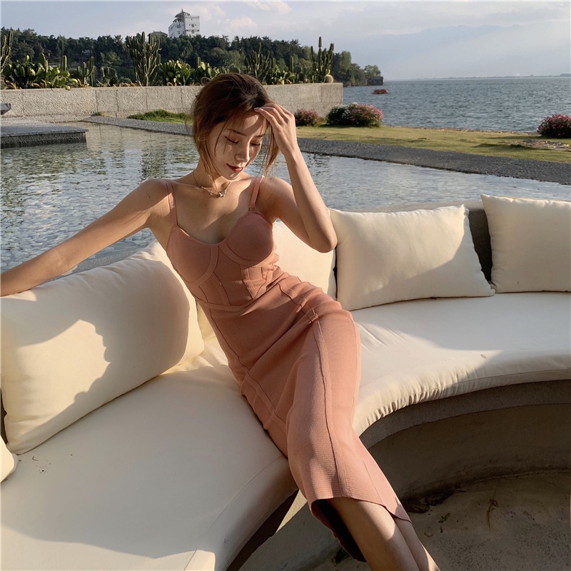 IELGY Đầm Midi Dệt Kim Màu Trơn Phong Cách Pháp Thời Trang Cho Nữ