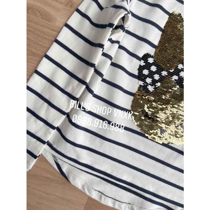 Áo kẻ HM kim sa lật thỏ bé gái dài tay size 3-10 tuổi