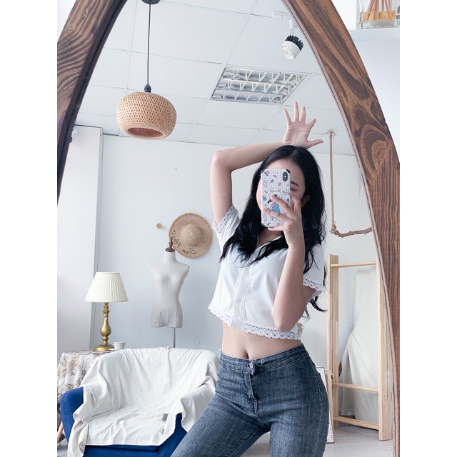Áo croptop Phối Ren Nữ- Phông Thun Body Cổ V Dáng Ôm Ngắn Tay Ullzang Cá Tính | BigBuy360 - bigbuy360.vn