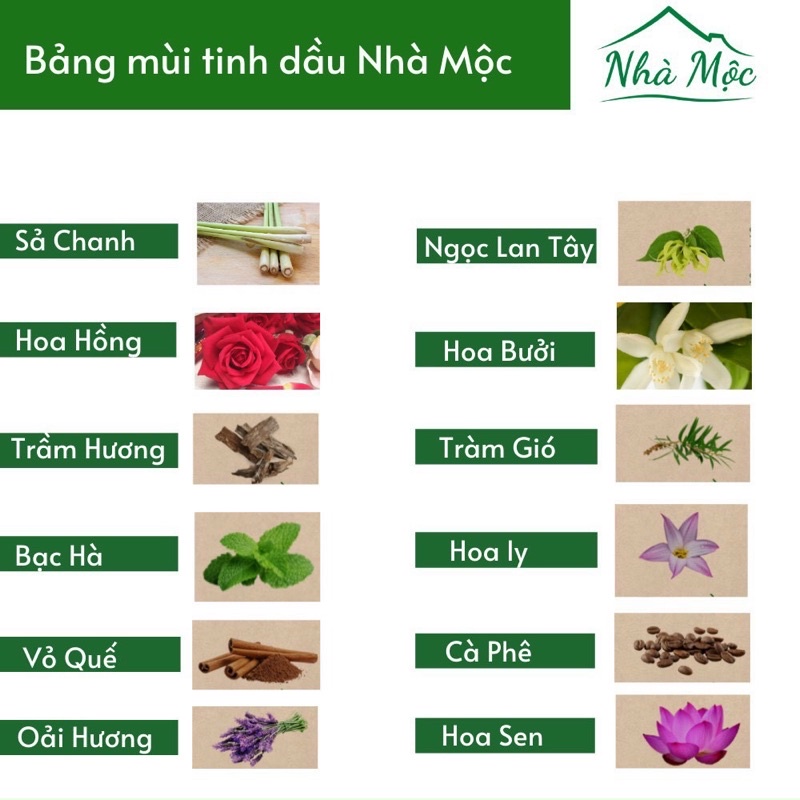 Tinh dầu thiên nhiên Nhà Mộc nguyên chất các mùi, Sả chanh, Bạc hà chai 10ml, 50ml và chai treo xe MM21