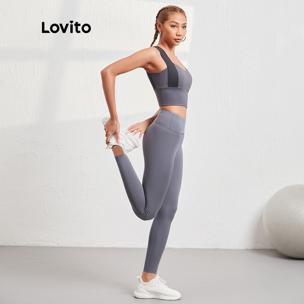 Áo bra thể thao Lovito ghép nối màu sắc nhanh khô hở lưng độ co giãn cao L08068 (màu xám)