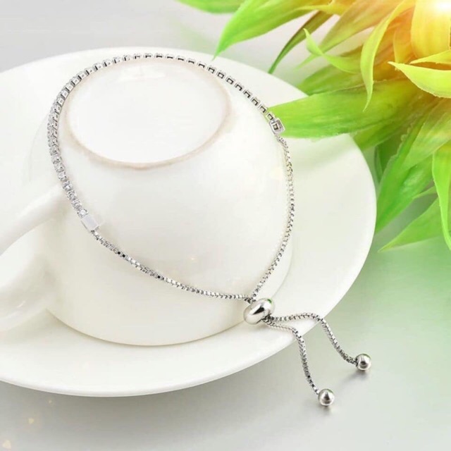 Lắc tay đơn giản 1 hàng đá sáng nhân tạo dây rút bạc thật mạ vàng trắng dải đá