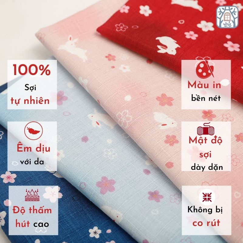 JHF-10 Vải cotton 100% tự nhiên🍒JHF🍒khổ vải 110cm, thỏ ngọc và hoa nhí - vải đẹp handmade, quilt, may quần áo