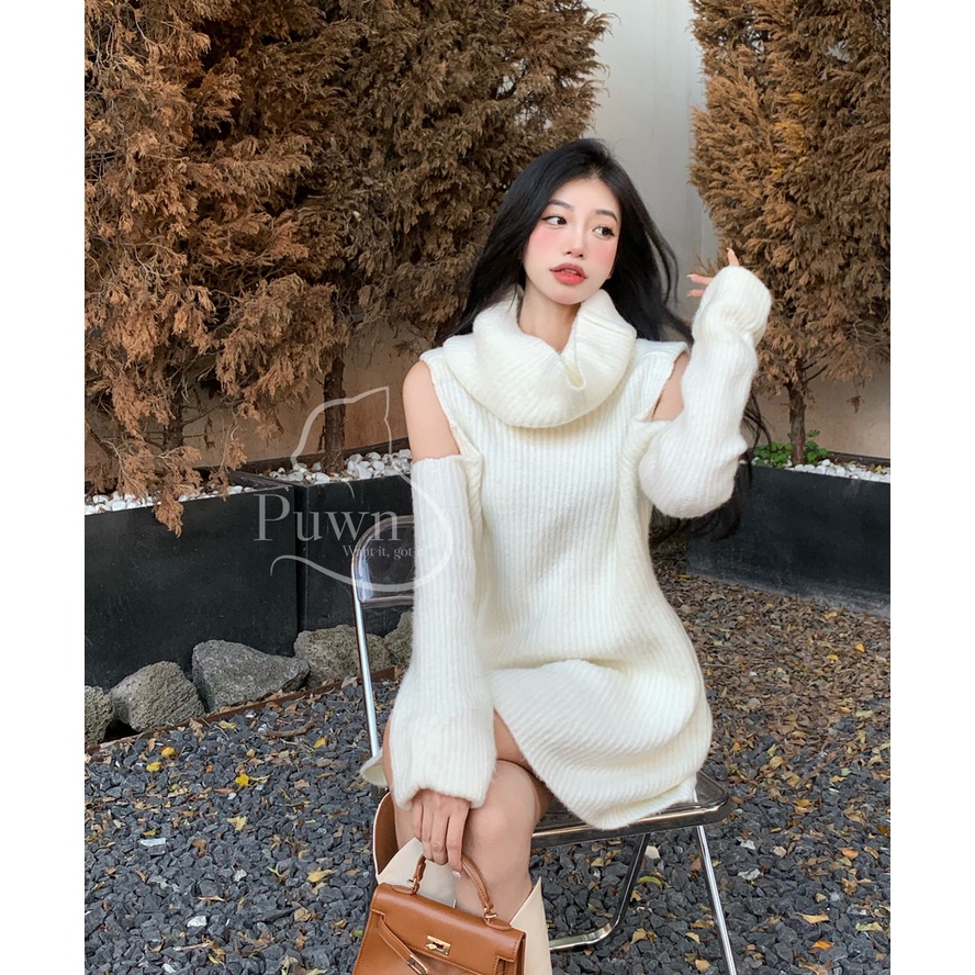 Váy len trắng cao cổ khoét vai trắng Giáng sinh Noel ấm áp Puwn Shop