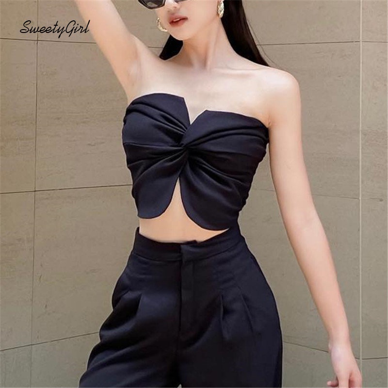 Áo Ống Ôm Màu Đen Trơn Đính Nơ Quyến Rũ Thời Trang 2022 Cho Nữ