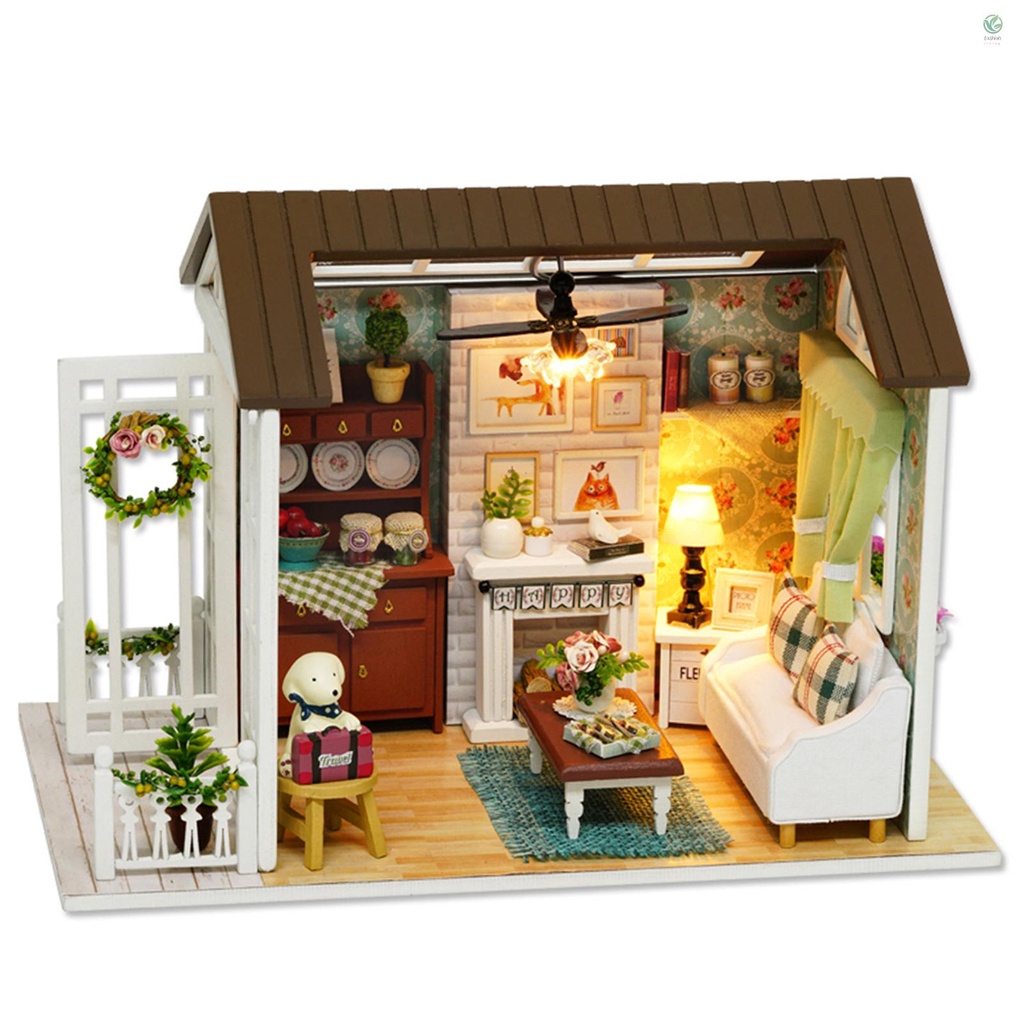Mô hình ngôi nhà gỗ 3D mini kèm đèn LED trang trí nhà búp bê DIY
