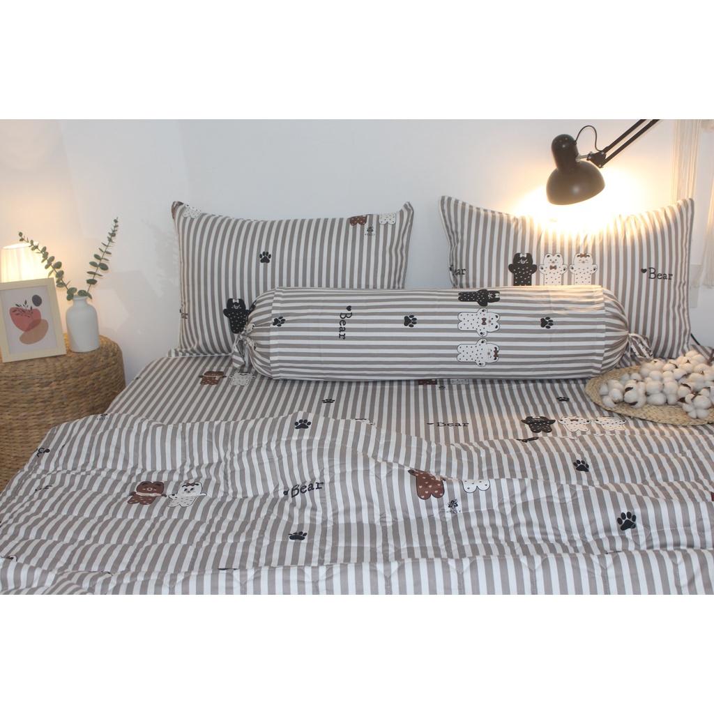 Bộ drap gối KHA LY - cotton thiên nhiên - Gấu Sọc Nâu - VN293