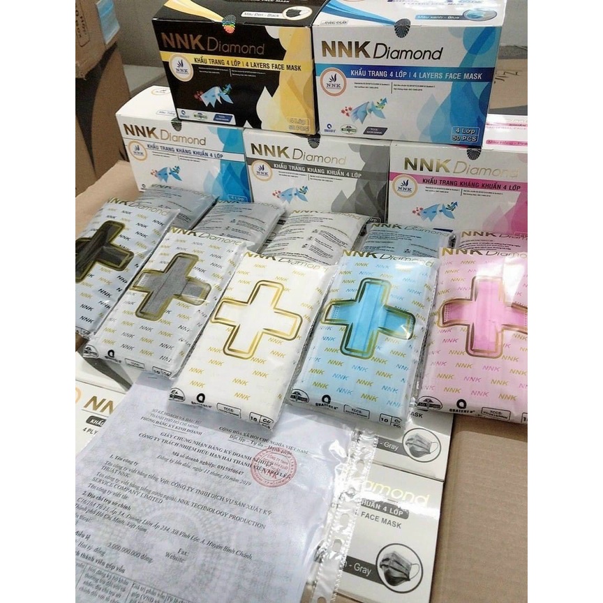 Khẩu Trang Y Tế NNK Diamond 4 Lớp Kháng Khuẩn, diệt khuẩn nhiều màu: xanh, đen, hồng, trắng, xám. Hana Mart