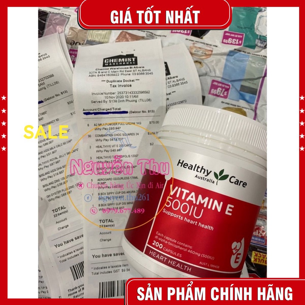 (Mẫu mới nhất) Vitamin E 500IU Healthy care Úc 200 viên Đủ bill