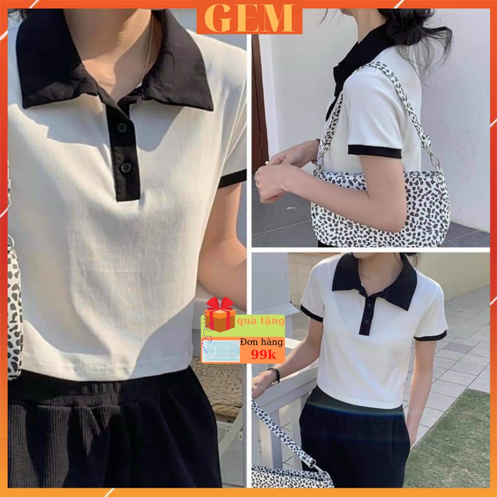 Áo croptop nữ kiểu tay ngắn phối cổ bẻ , Áo thun nữ cổ Polo Basic trơn thời trang
