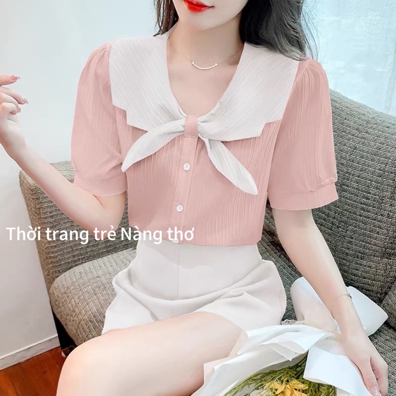 Áo sơ mi phối cổ vải xốp gân siêu dễ thương