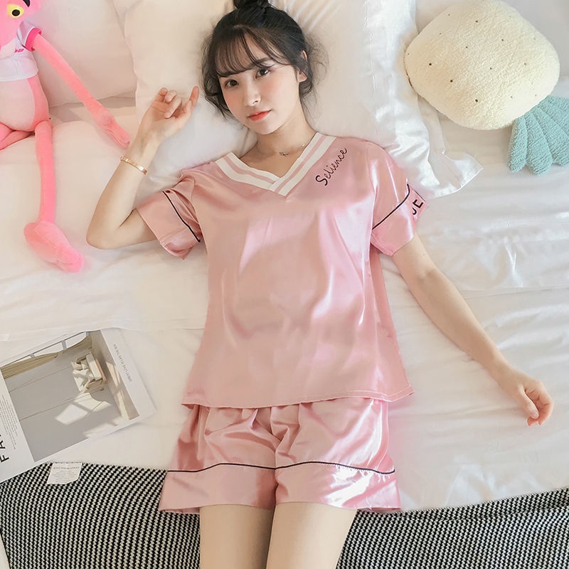 Pajama female Xia Bingsi short sleeve Korean spring and autumn thin section sweet imitation silk sexy V-neck two-piece suit home clothes