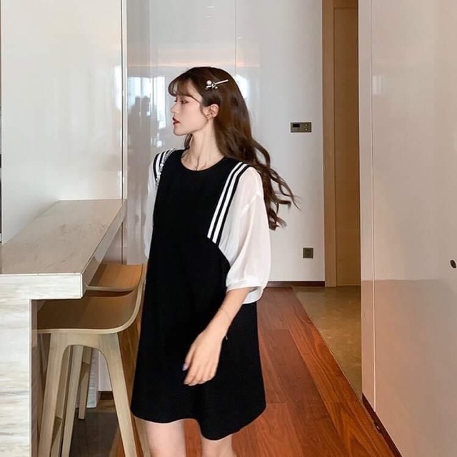 Đầm suông-Váy thủy thủ phối trắng đen tay lỡ chất đũi xước