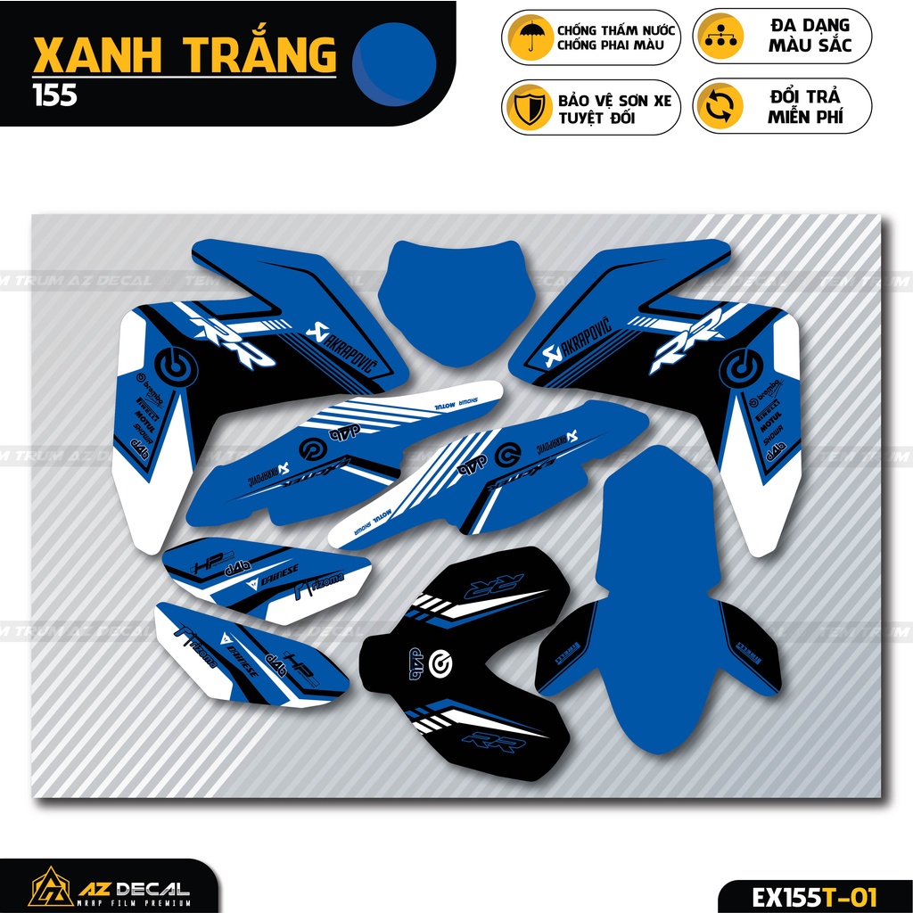 Tem Trùm Exciter 155 Mẫu Akrapovic | EX155T-01 | Decal Dán Xe Ex 155 Đẹp Nhiều Màu Đen, Trắng, Xanh GP