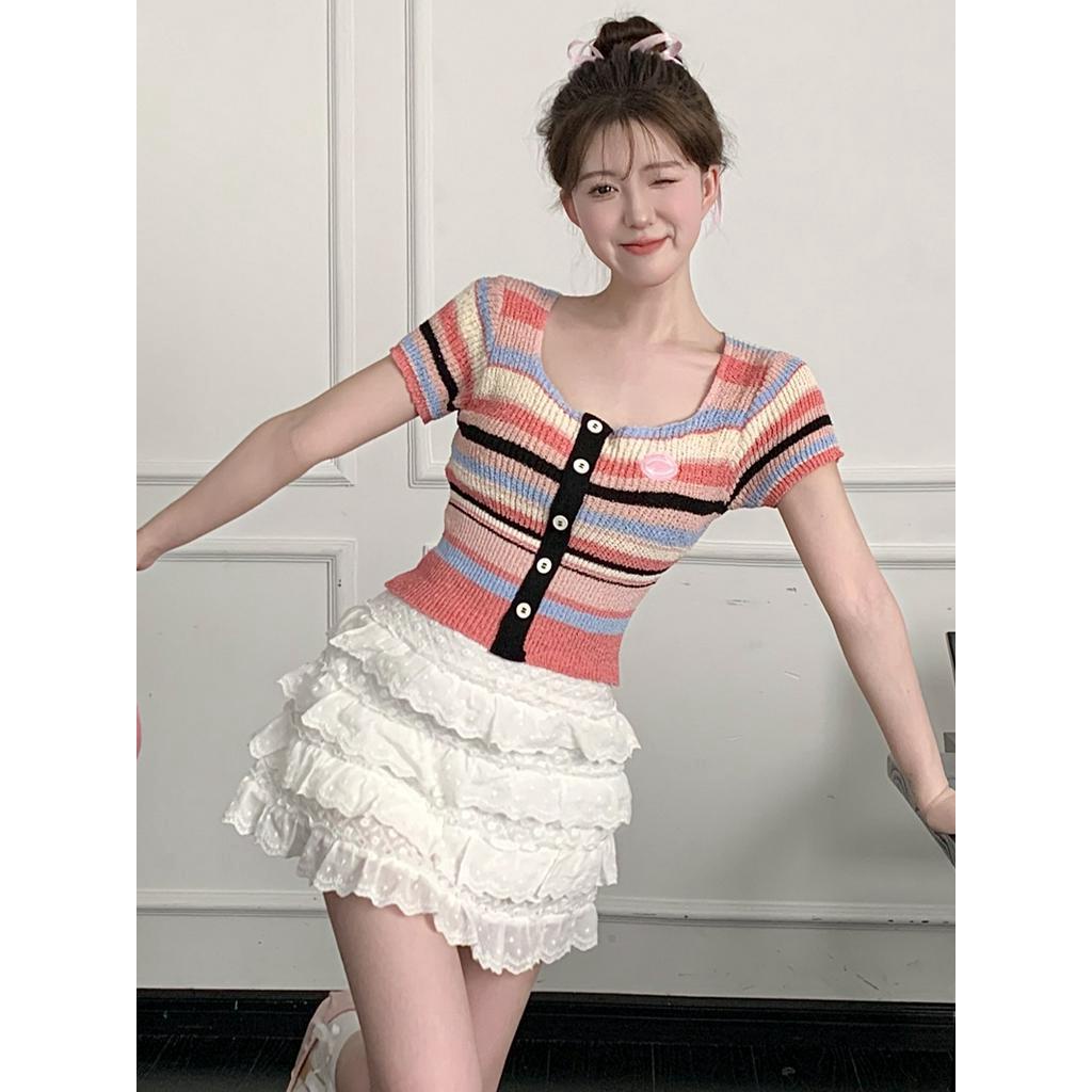 Áo Thun Dệt Kim Kẻ Sọc Cầu Vồng Thời Trang Mùa Hè Mỹ 64015