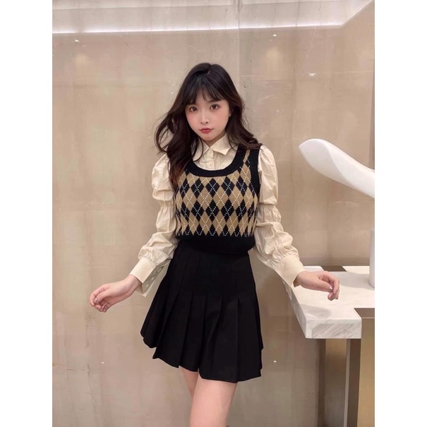 Aome - Set áo gilet + Áo sơ mi babydoll + Chân váy tennis