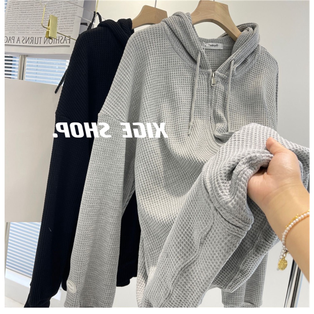 Áo hoodie form rộng khóa kéo tổ ong mũ 2 lớp form rộng Hàn Quốc