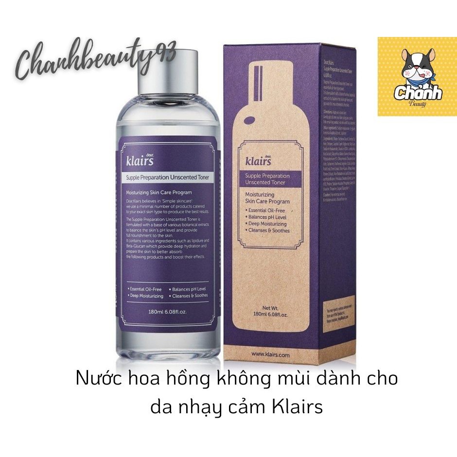 Klairs - Nước Hoa Hồng Không Mùi Dành Cho Da Nhạy Cảm Klairs Supple Preparation Unscented Toner 180ml