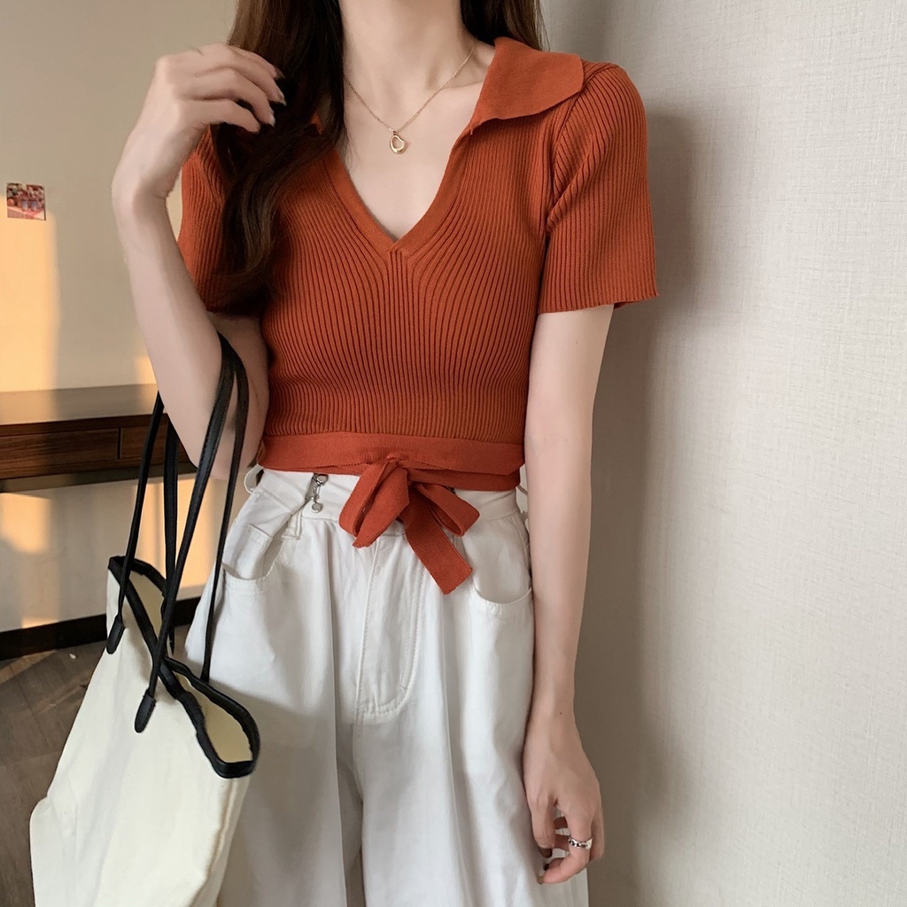 Áo Dệt Kim Ngắn Tay Cổ Chữ V Thắt Dây Thời Trang
