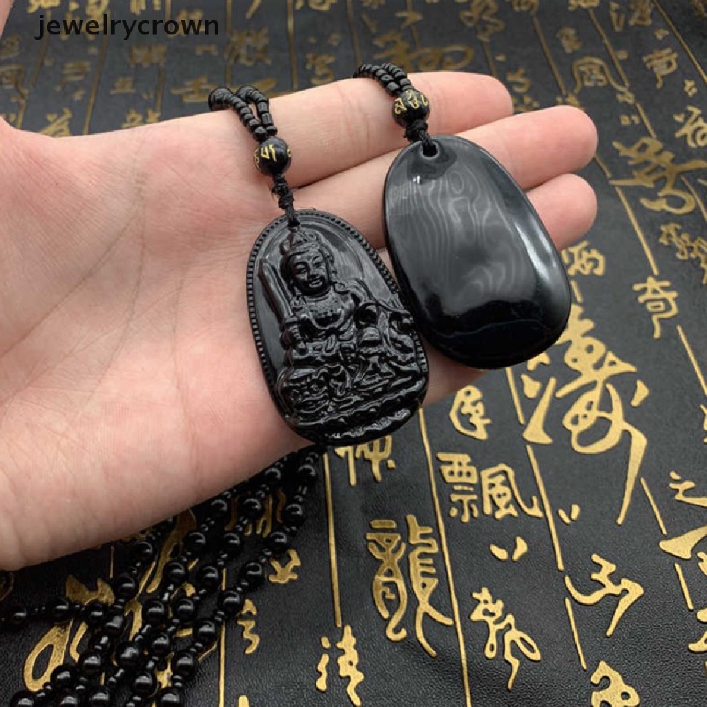 1 Mặt Vòng cổ Đá Obsidian Đen Tự Nhiên Khắc Hình Phật May Mắn