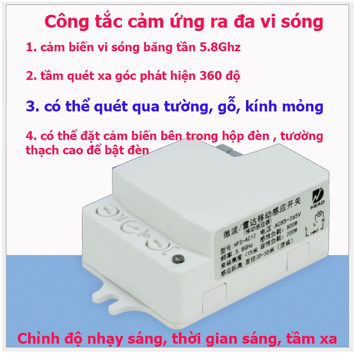 Công tắc cảm ứng chuyển động rada vi sóng 5.8GHZ bật tắt đèn khi có người qua-cảm biến xuyên tường, nhựa, kính mỏng