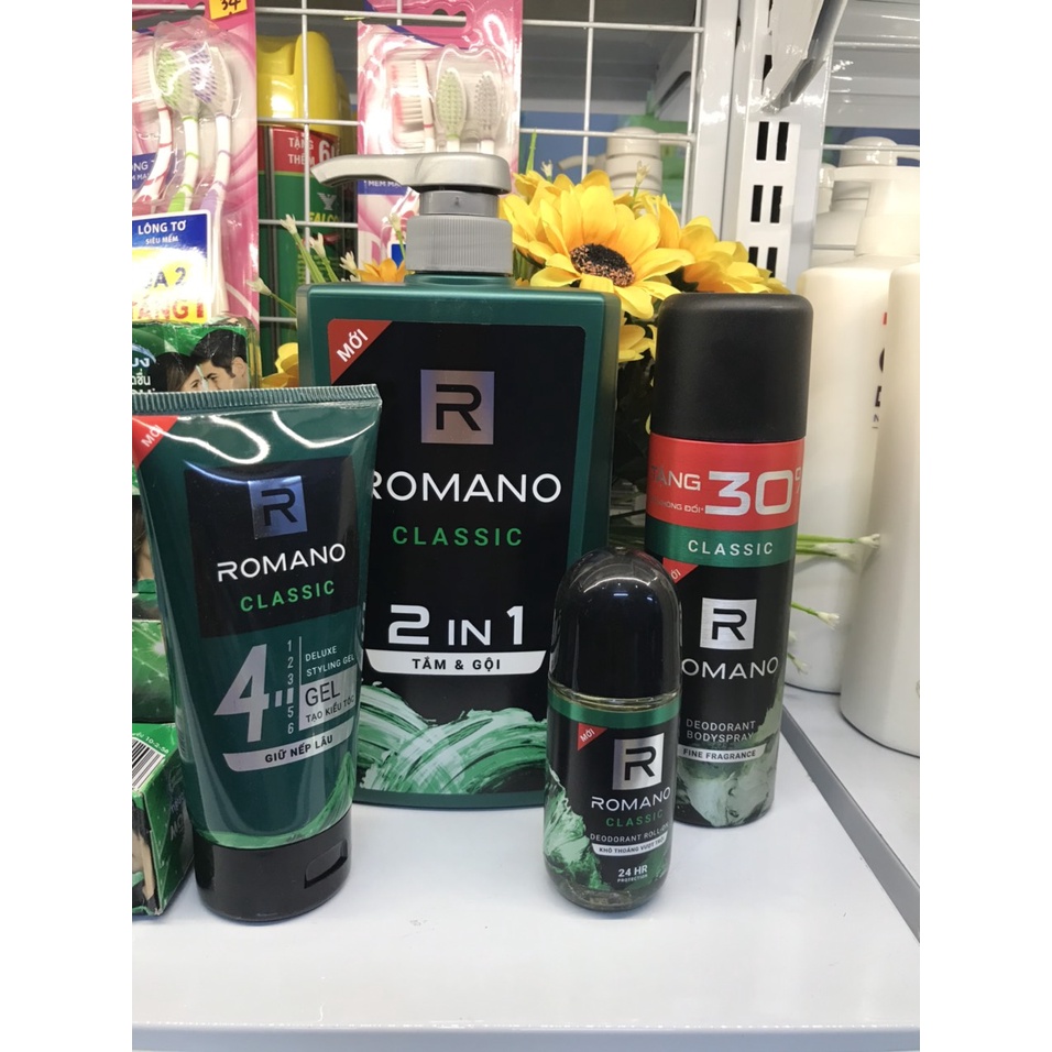 Combo Dầu Tắm- gội, lăn , xịt khử mùi, Gel tạo kiểu tóc Romano