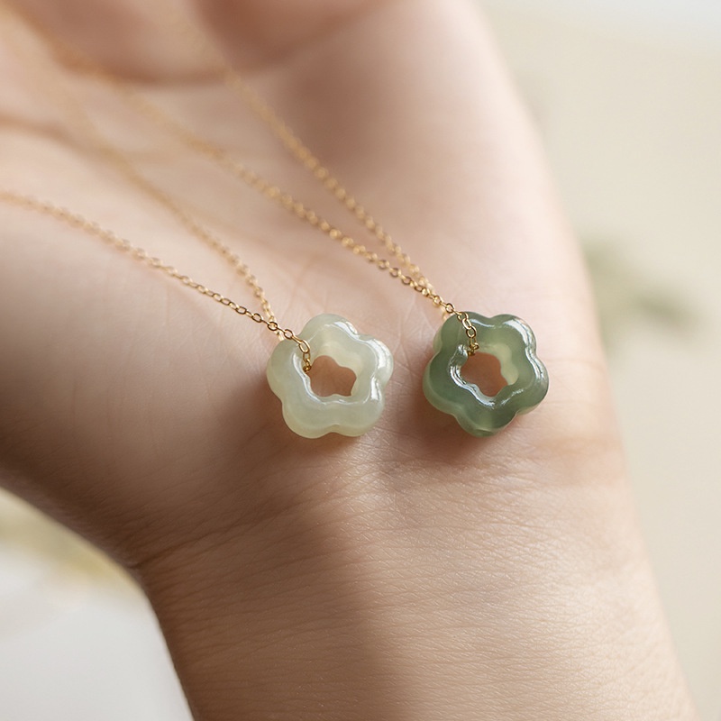 Vòng cổ Mạ Bạc 925 Mặt Hoa Đính Đá Ngọc Bích Thời Trang Cho Nữ