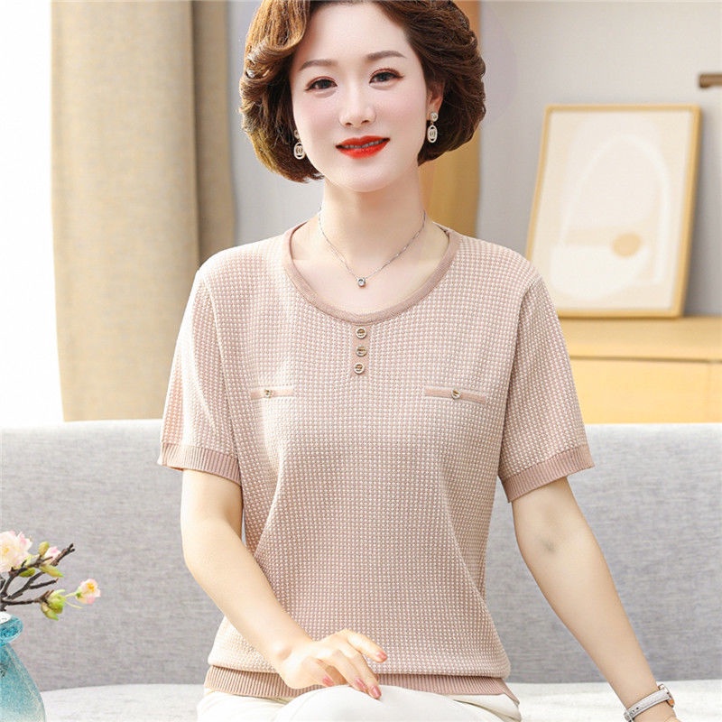 Áo phông ngắn tay lụa băng mùa hè của phụ nữ trung niên và cao tuổi